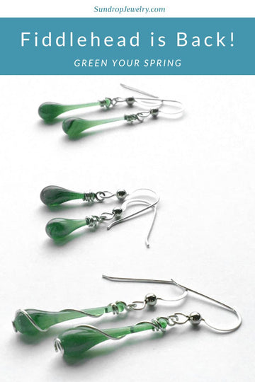 Limited edition color Fiddlehead Green is finally back, and ready to green your Spring with swirling green glass jewelry!