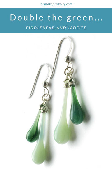 Double the green with limited edition Fiddlehead and antique Jadeite green double drop earrings by Sundrop Jewelry