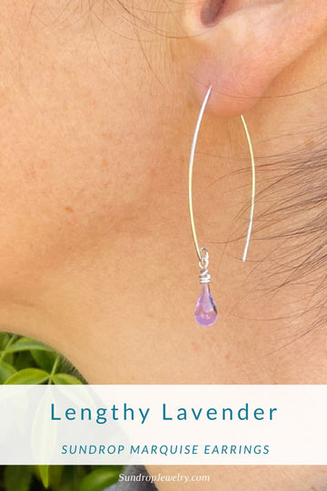 Lengthy Lavender Marquise Earrings - handmade from recycled silver and sun-melted glass