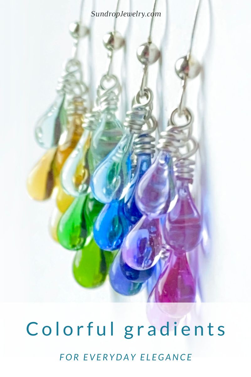 Gorgeous gradients of colorful sun-melted glass earrings - pinks, purples, blues, greens, and yellows by Sundrop Jewelry