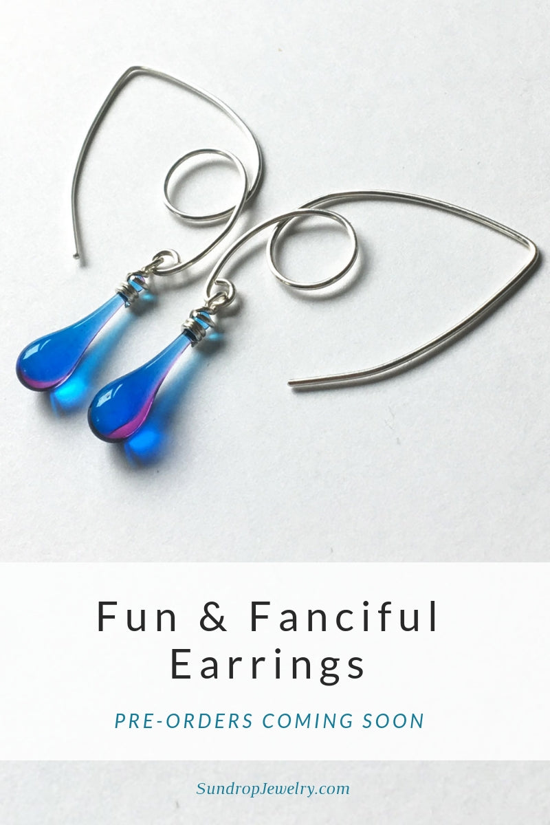 Fun and fanciful - sterling silver marquise earrings with glass teardrops