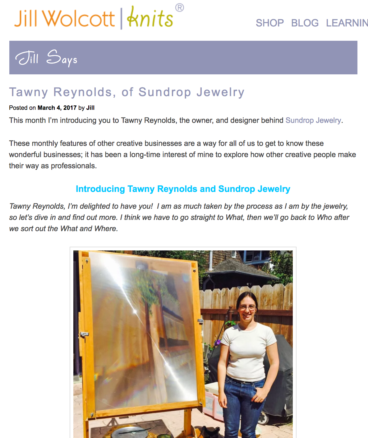 Jill Wolcott Knitts interview with Tawny Reynolds of Sundrop Jewelry