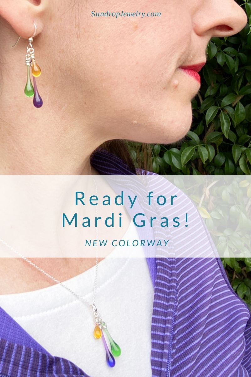 Get ready for Mardi Gras with a new colorway of sun-melted glass jewelry from Sundrop Jewelry