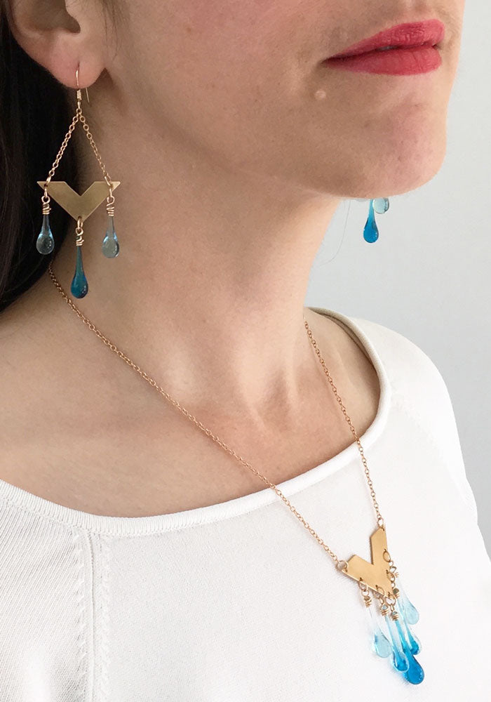 Bronze Chevron Earrings in Aqua - glass Earrings by Sundrop Jewelry
