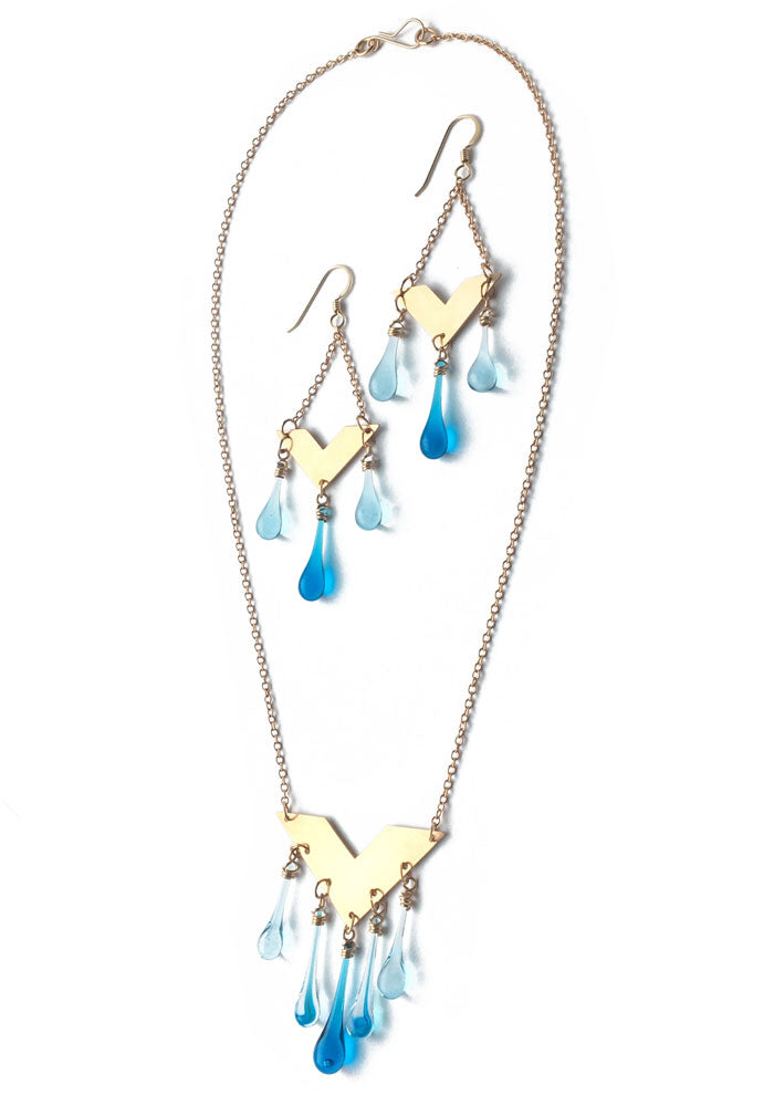 Bronze Chevron Necklace - Aqua - glass Necklace by Sundrop Jewelry